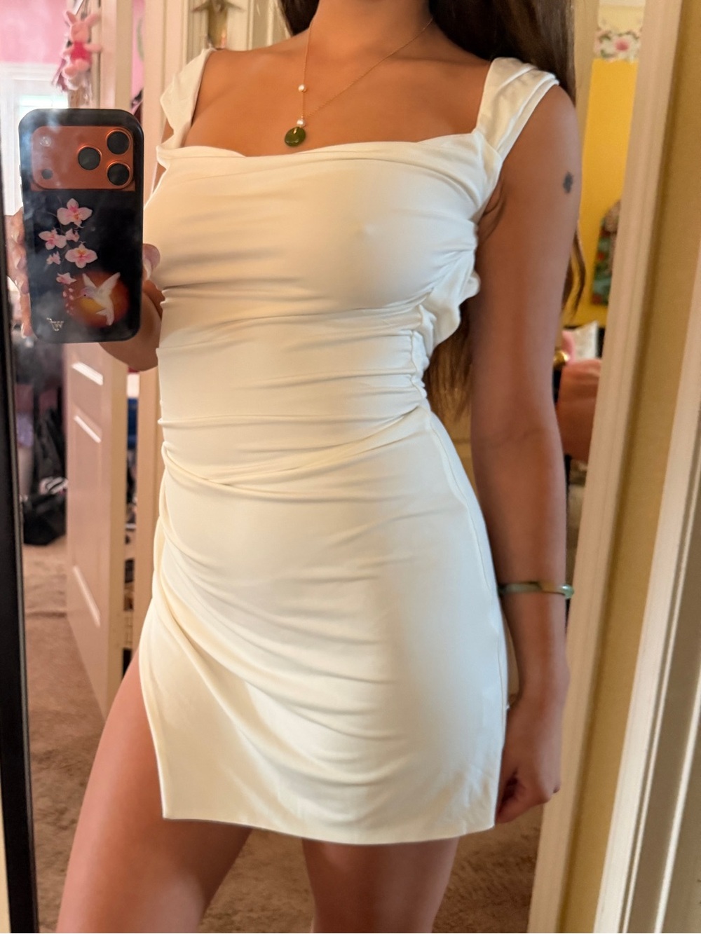 Tiger Mist White Ruched Square-Neck Mini Dress